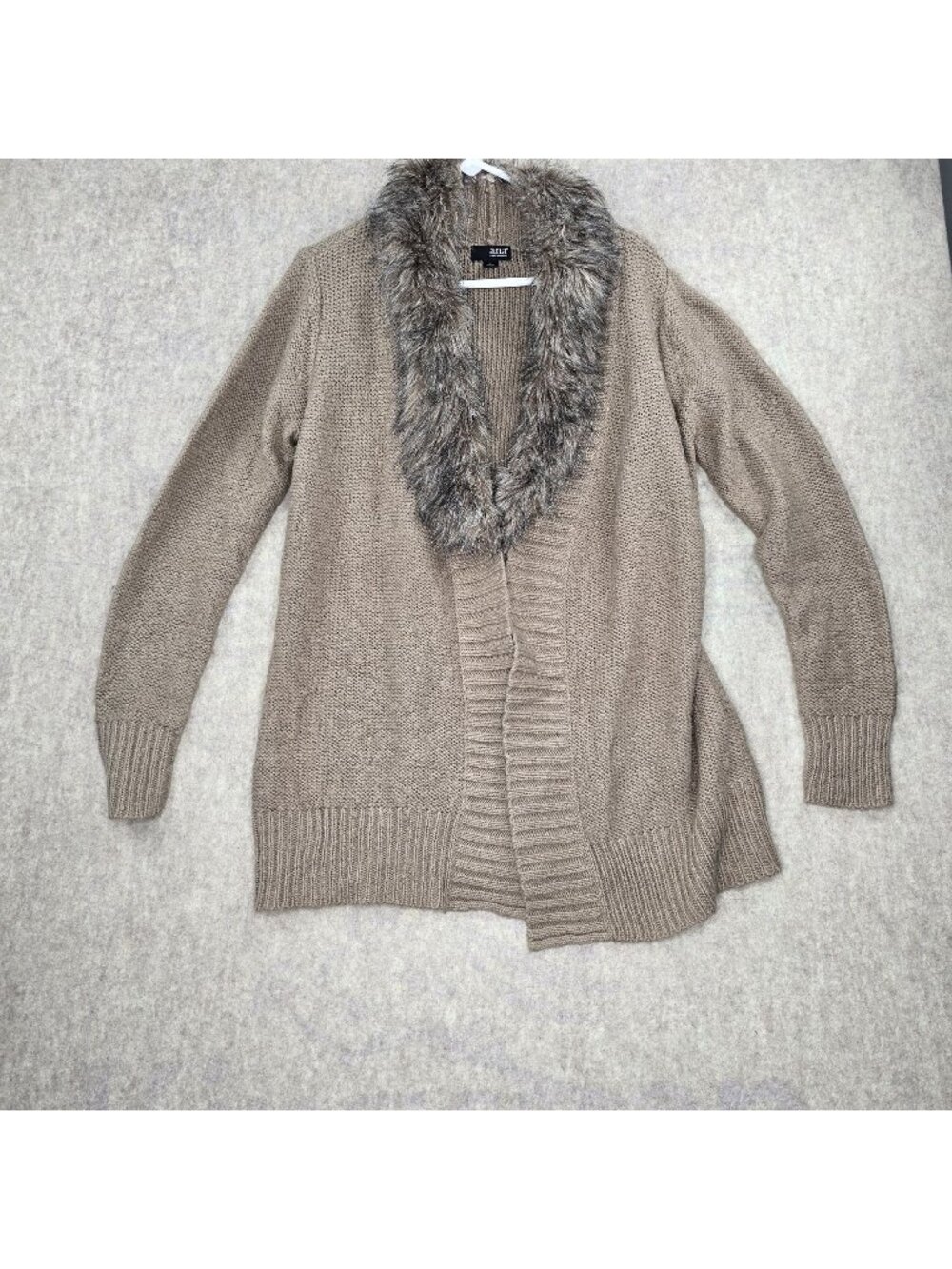 A.n.a Faux Fur Trim Beige Knit Cardigan Sweater Large Acrylic Blend Open Front